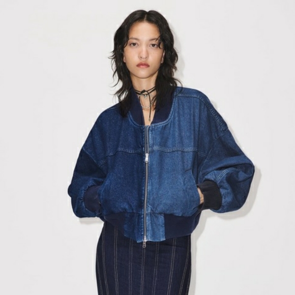 ZARA The Contrast Denim Bomber Jacket - Picture 3 of 13